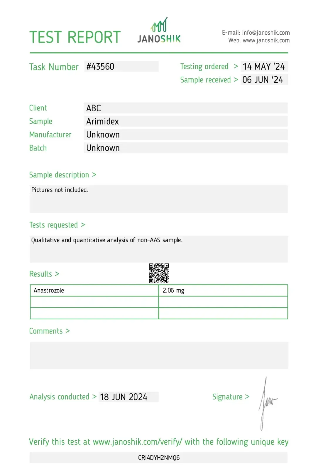 arimidex 2 mg lab quality results