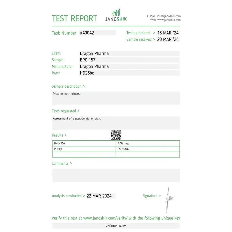 dragon pharma bpc 157 lab test results 2024-03-22 pentadecapeptide 5mg purity
