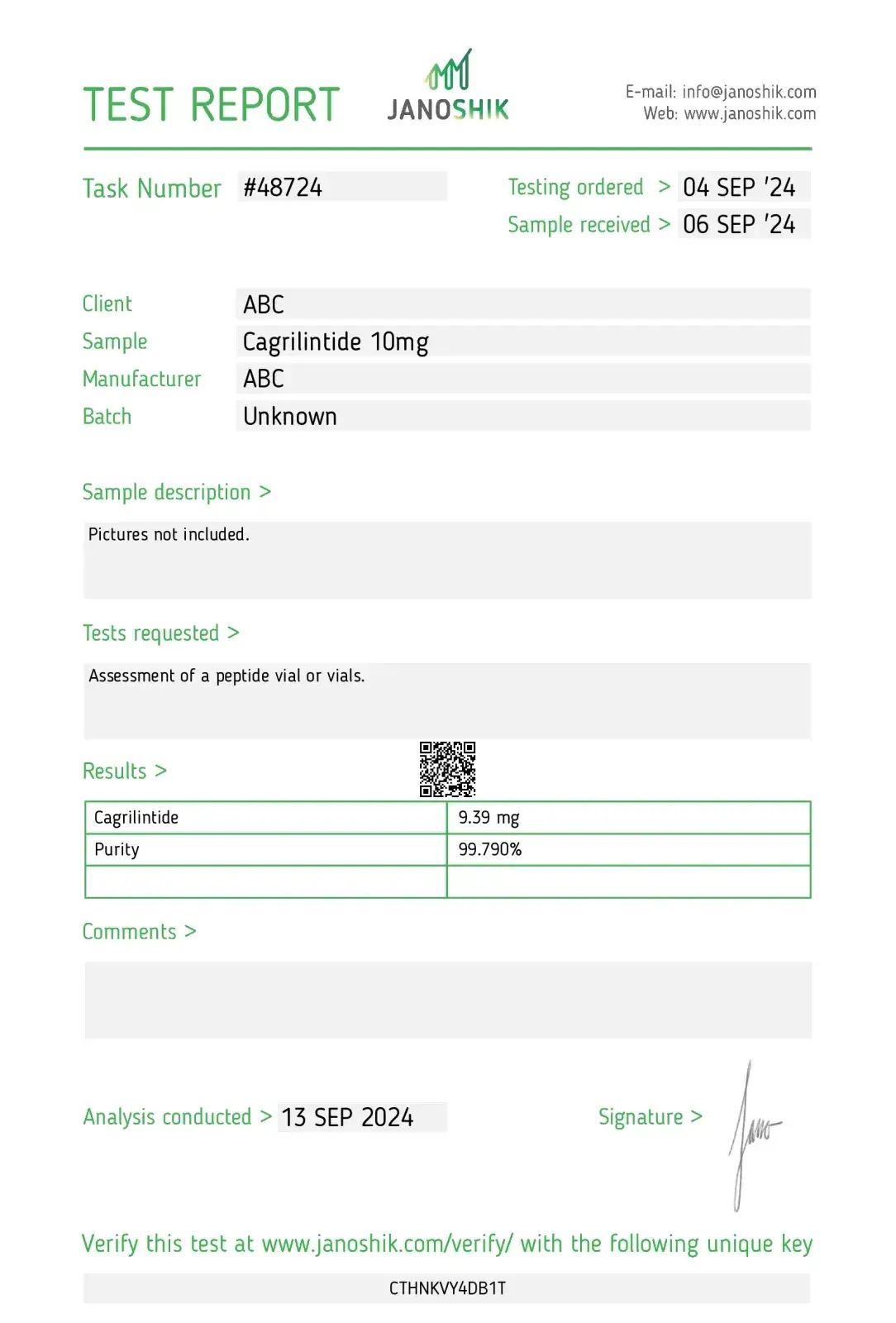 dragon pharma cagrilintide 10mg lab test results 2024-09-13 purity 99.38%