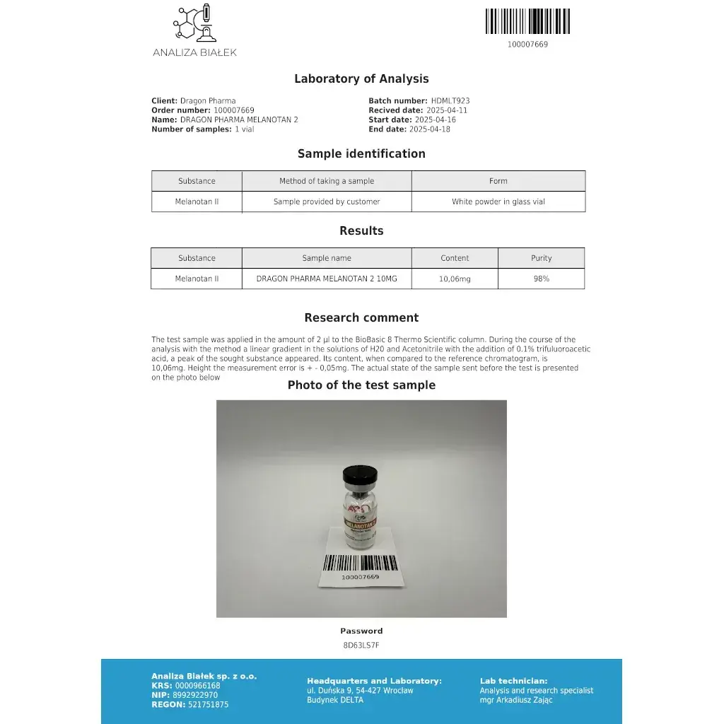 dragon pharma melanotan 2 10mg lab test results 2025-04-18